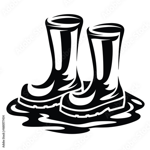 Stylized Black and White Illustration of Rain Boots Standing in Mud