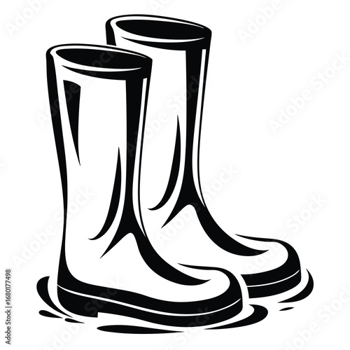 A pair of black and white rain boots standing in a puddle