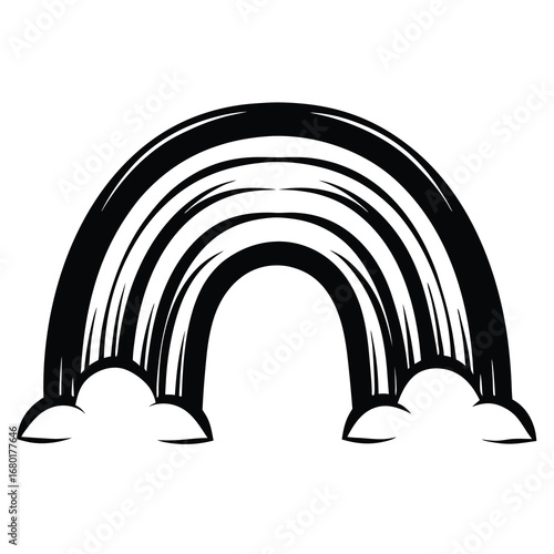 Black and white image depicting a rainbow emanating from clouds below