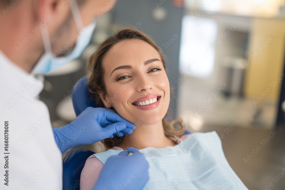 Obraz premium Dentist examining teeth of smiling woman patient in dental clinic