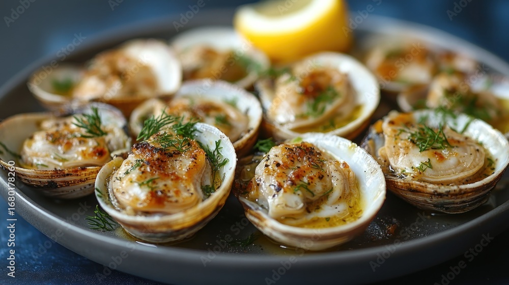 Fototapeta premium Delicious Baked Clams with Fresh Herbs and Lemon on a Grey Plate, a Gourmet Seafood Appetizer
