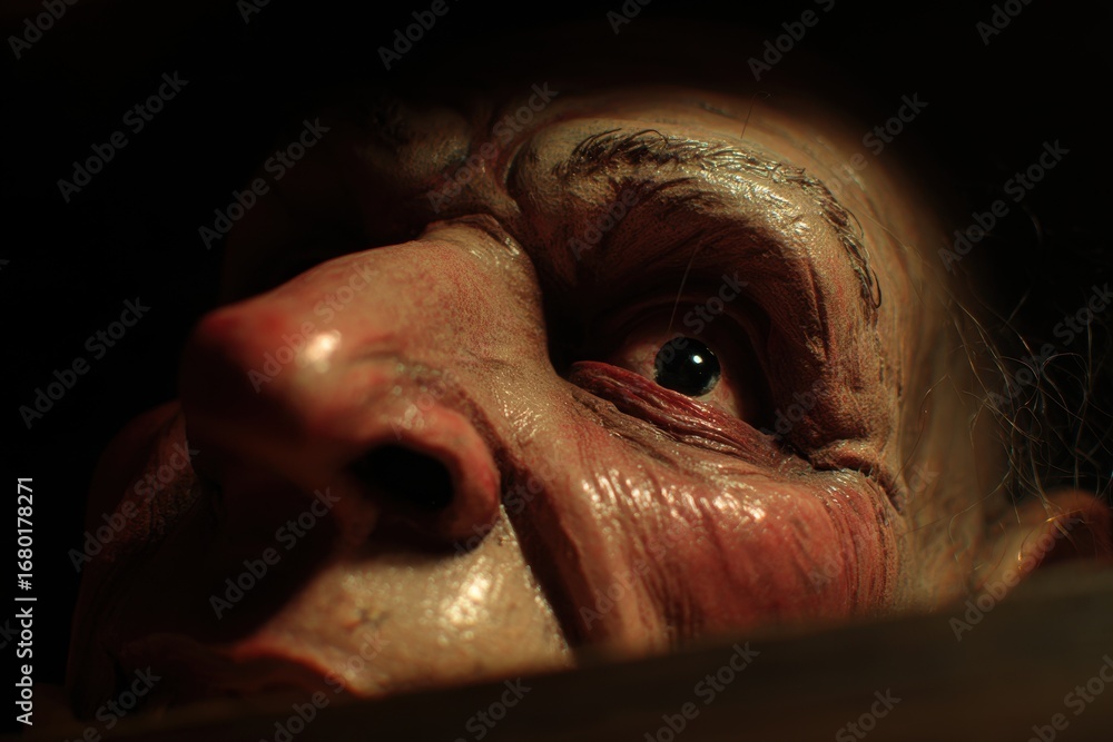 Fototapeta premium Close-Up of an Eerie Old Man's Face in Shadow