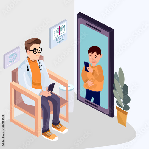Flat vector illustration of telemedicine and online doctor consultation. Male patient with stomach ache gesture appears on smartphone screen, asking for telemedicine advice. Another side shows doctor 
