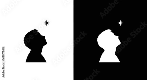 A person's silhouette looking up hopefully at a shining star, symbolizing dreams, ambition, goals, and aspiring for a bright future.