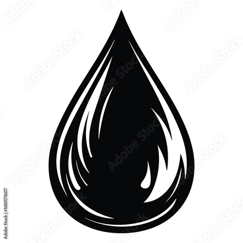 Single black water droplet illustration with flowing designs and a white background