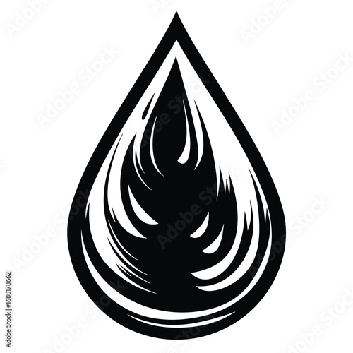 Abstract teardrop shape with intricate black and white swirling patterns inside