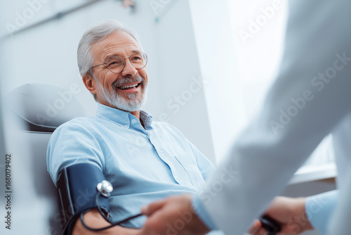 Doctor measuring blood pressure of smiling senior patient