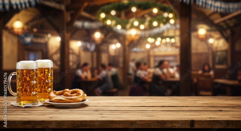 Fototapeta premium Bar table Oktoberfest background, rustic pub setting with mugs 