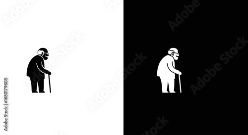 An elderly person with a walking stick, a black and white icon representing old age, mobility challenges, and retirement lifestyle.