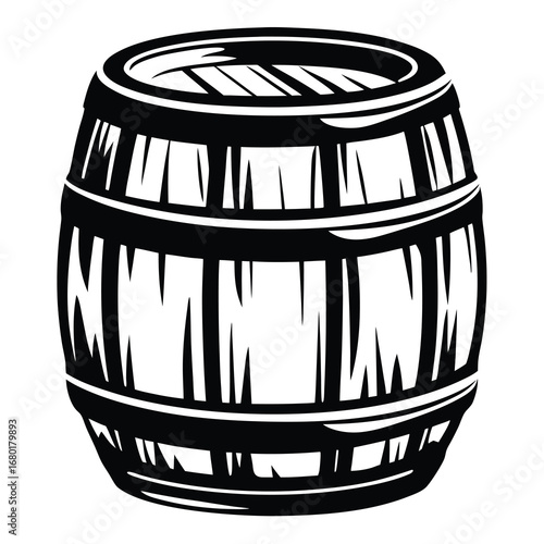 Monochrome illustration of a wooden barrel with intricate details and design