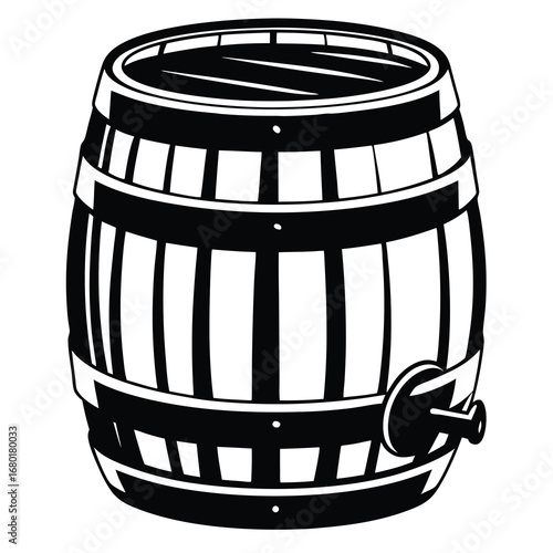 A classic wooden barrel filled with liquid ready to serve by spigot