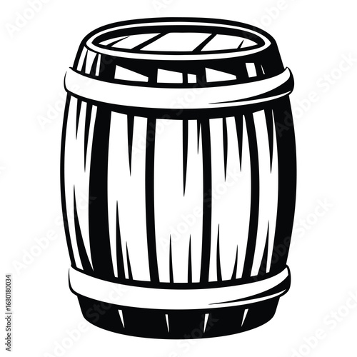 Black and white illustration of a wooden barrel with metal bands