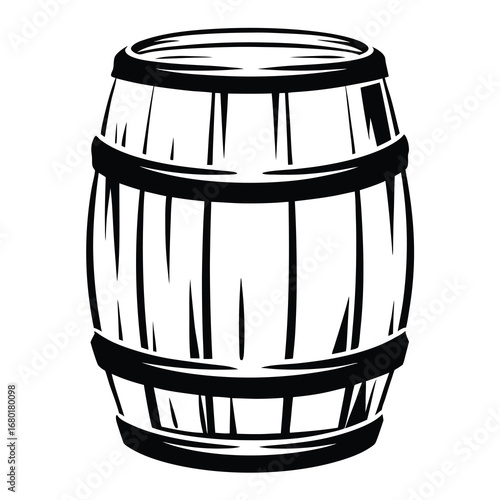 A black and white illustration of a wooden barrel with staves