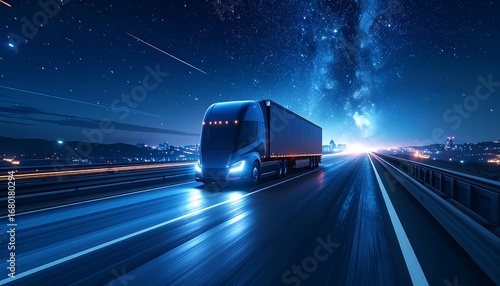 Futuristic electric semi-truck speeding on highway at night under a starry sky