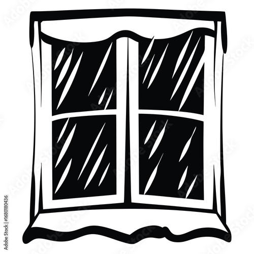 Black and white illustration of a double paned window with curtains