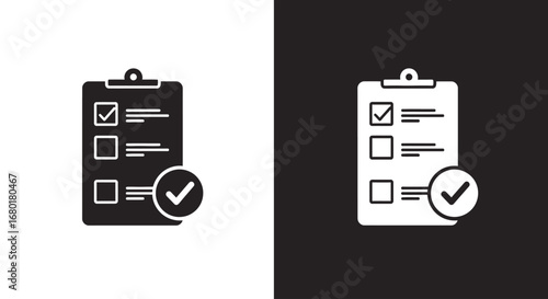 A checklist on a clipboard with a check mark, a black and white icon representing completed tasks, planning, and successful projects.