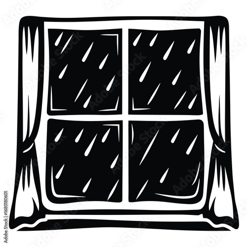 Black and white window with curtains and raindrops or tears on glass