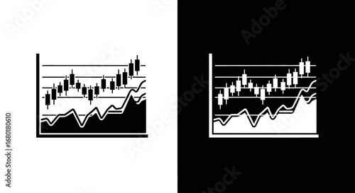 A candlestick chart with a rising trend, a black and white icon representing a bullish stock market and successful trading.