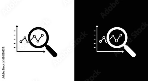 An outline style magnifying glass over a graph, a modern and clean icon for analytics software, business intelligence, and market reports.
