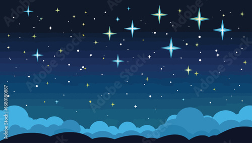 Magical starry night sky with fluffy clouds and silhouetted landscape vector illustration