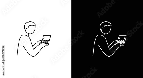 An outline style icon of a person using a calculator, a modern symbol for financial services, accounting software, and tax preparation.