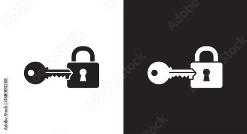 A key and a padlock, a black and white icon representing security, access, solutions, and privacy.