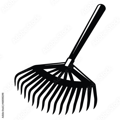 Stylized black silhouette of a garden rake with long handle and tines