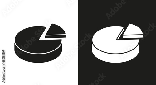 A three-dimensional pie chart, a black and white icon representing data analytics, market segmentation, and financial statistics.