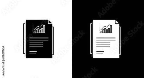 A financial document with charts and graphs, a black and white icon representing a report, analysis, and business data.
