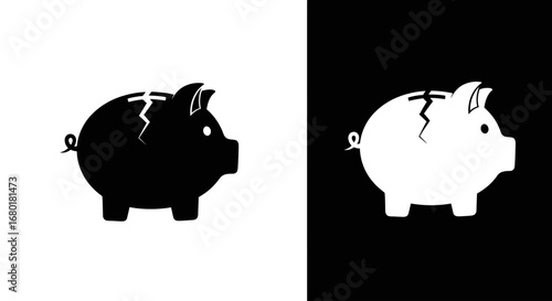 A broken or cracked piggy bank, a black and white icon representing financial loss, bankruptcy, or depleted savings.