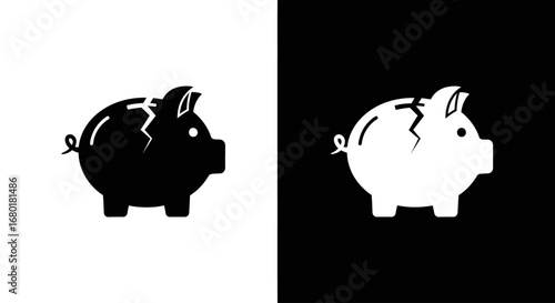 An outline style of a broken piggy bank, a modern and clean icon for illustrating financial risk and economic challenges.