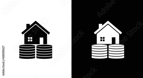 An outline style icon of a house on a stack of coins, a modern symbol for property investment and real estate finance.