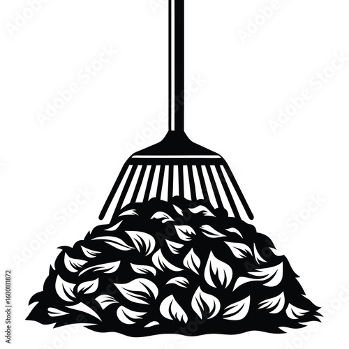 Autumn Leaf Pile and Rake Illustration in Black and White Graphic Design