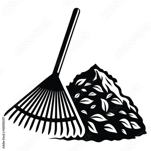 Graphic monochrome illustration of a rake near a pile of leaves