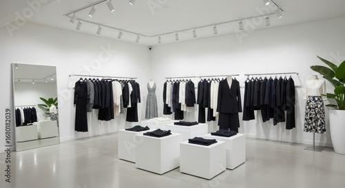 Modern Minimalist Clothing Boutique Interior with Fashion Apparel and Display Elements