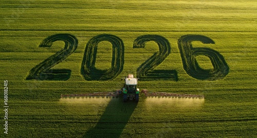 Aerial view of a tractor spraying a field, with the year 2026 formed by crop patterns