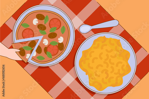 Flat illustration of a pizza with toppings and a plate of macaroni and cheese on a checkered tablecloth.