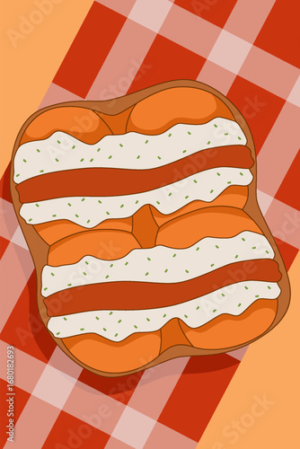 Top view vector of toasted bread layered with sausages and creamy mayo on a red gingham tablecloth.