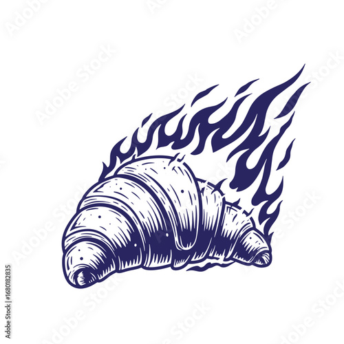 A unique vector illustration of a delicious croissant ablaze in a stylish engraved design