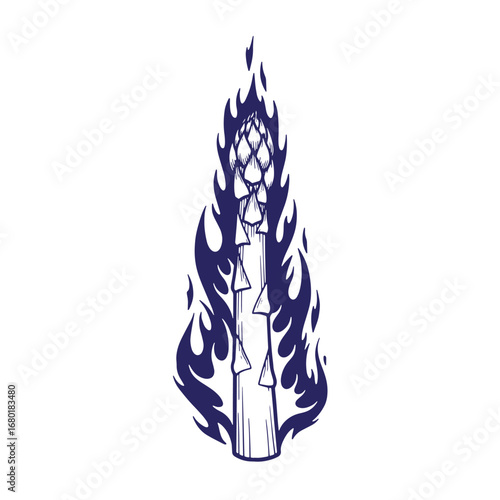 Artistic illustration of a burning asparagus spear against a white background