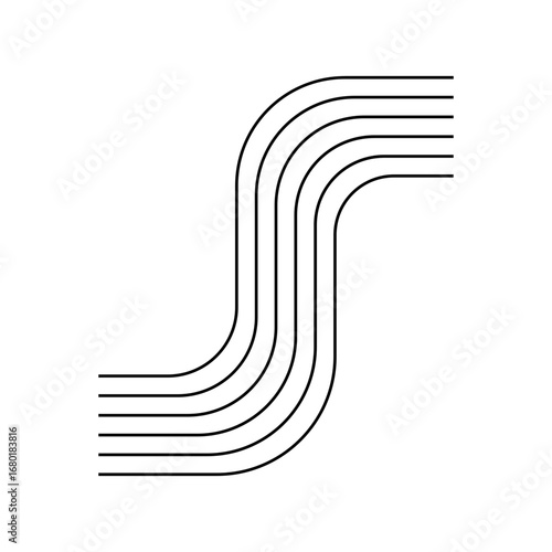 A minimalist graphic featuring five parallel lines that curve and bend in an S-shape. The abstract design is clean and simple, creating a sense of smooth motion and flow.