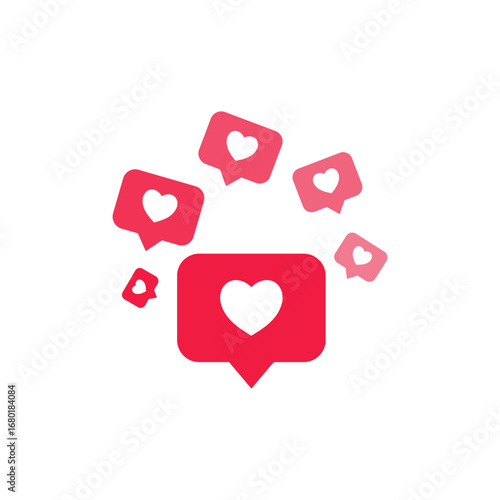 Social media likes icon. Heart in speech bubble icon background. like heart social media notification icons 3d modern, love like chat bubbles social network post reactions - favorite hearts sign