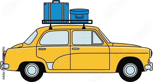 Yellow Vintage Car with Luggage on Roof Rack
