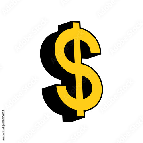 money icon dollar symbol with a black shadow and a bright yellow color, pop art style