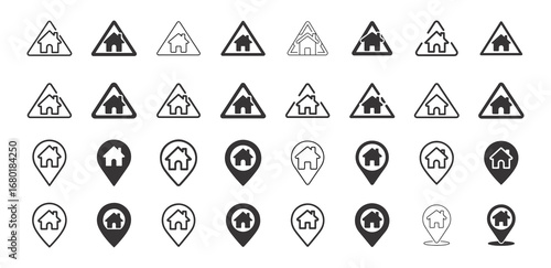 House Location and Home Map Pin Icon Set – Solid, Outline, and Geometric Variants for Navigation and Real Estate Design