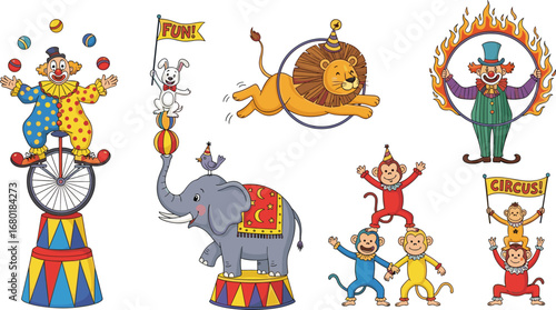 Colorful circus performance illustration with clown, lion, elephant, monkeys, juggling, unicycle, fire hoop, fun animals, festive party entertainment show