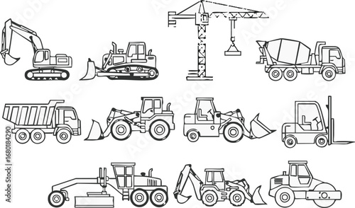A comprehensive collection of essential heavy construction vehicles and industrial machinery, depicted in detailed black and white outline illustrations, ideal for engineering projects.