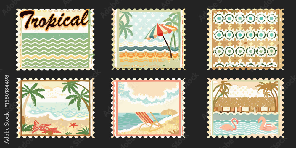 Naklejka premium Collection of six vintage style tropical beach scene postage stamps with palm trees and ocean waves