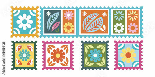 Collection of eight colorful postage stamps featuring stylized floral and leaf designs in a retro folk art style