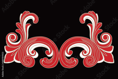 Elegant red and white symmetrical scroll ornament with swirling details.